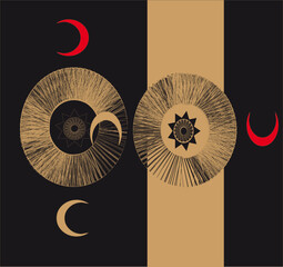 Four moons, eclipse, abstract composition. Avant-garde art. Modern. Contemporary trendy vector illustration