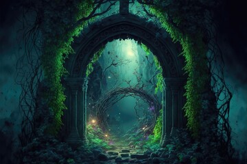 Magical portal with arch made with tree branches in shady green forest. Open door to alternative dimension fantasy scene. 3d artwork. AI - obrazy, fototapety, plakaty