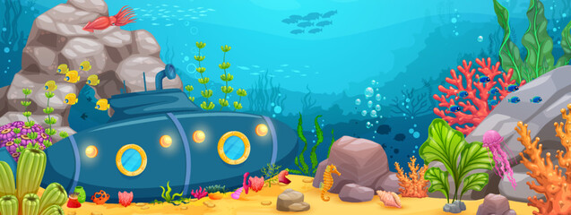 Underwater landscape with sunken submarine or bathyscaphe. Cartoon vector nautical game level with boat lying on ocean bottom with seaweeds, corals, marine animals. Undersea world background with sub