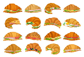 French Crunchy Croissants with Different Stuffing Big Vector Set