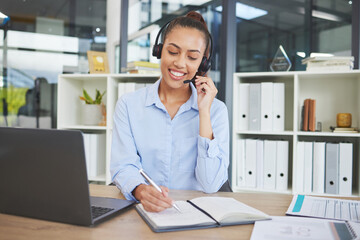 Woman, notebook writing or call center headset with laptop consulting, telemarketing schedule or...