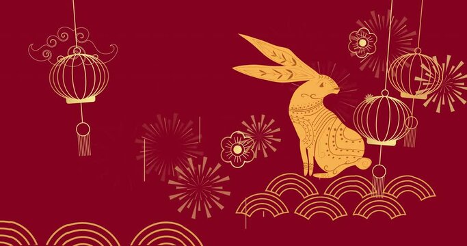 Animation of chinese traditional decorations with rabbit on red background