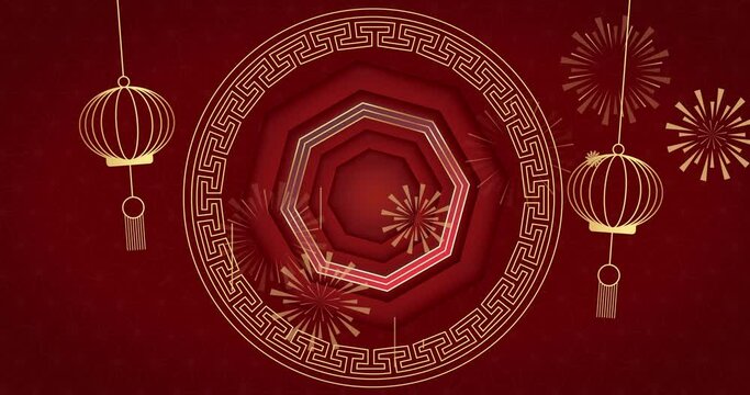 Animation of chinese traditional decorations on red background