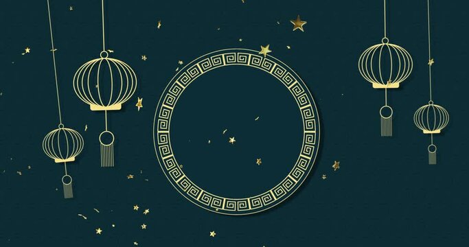 Animation of chinese traditional decorations and stars on dark background