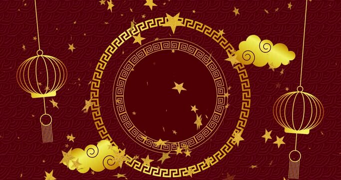 Animation of chinese traditional decorations and stars on red background