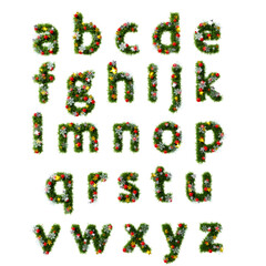 Beautiful christmas wreath like font set of lower case alphabet A to Z with snowflakes and shiny stars and red orbs on transparent background (RGBA 3D Rendering PNG) © A