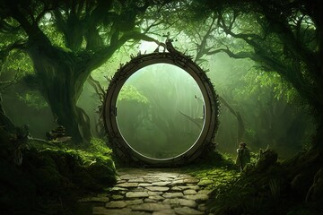 Magical portal with arch made with tree branches in shady green forest. Open door to alternative dimension fantasy scene. 3d artwork, AI