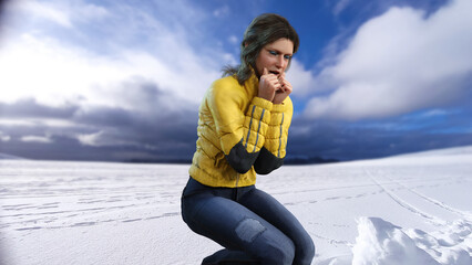 Junges Mädchen in Winterkleidung kniet zittern auf einem Schneebedeckten Feld