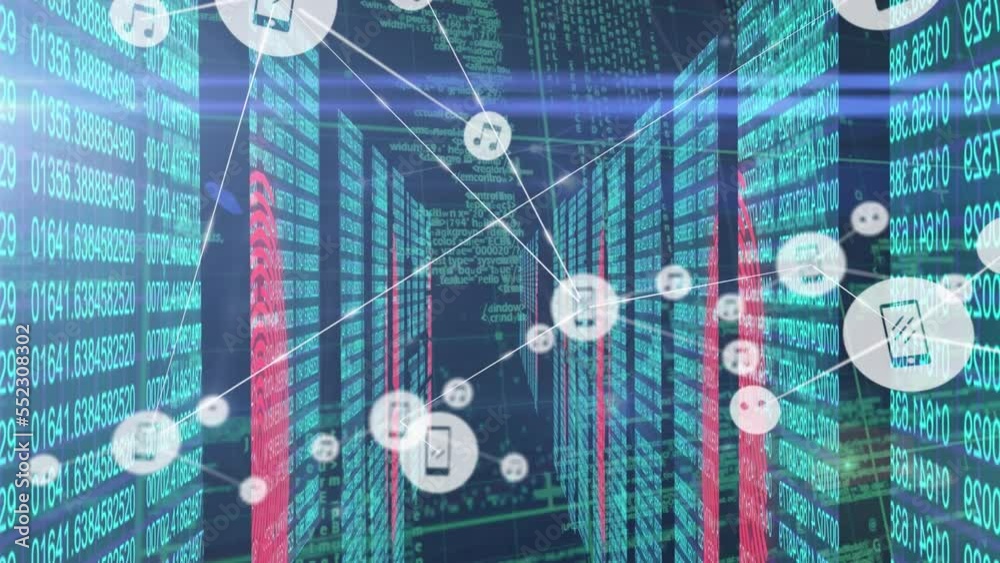 Poster animation of network of connections with icons and data processing over computer servers