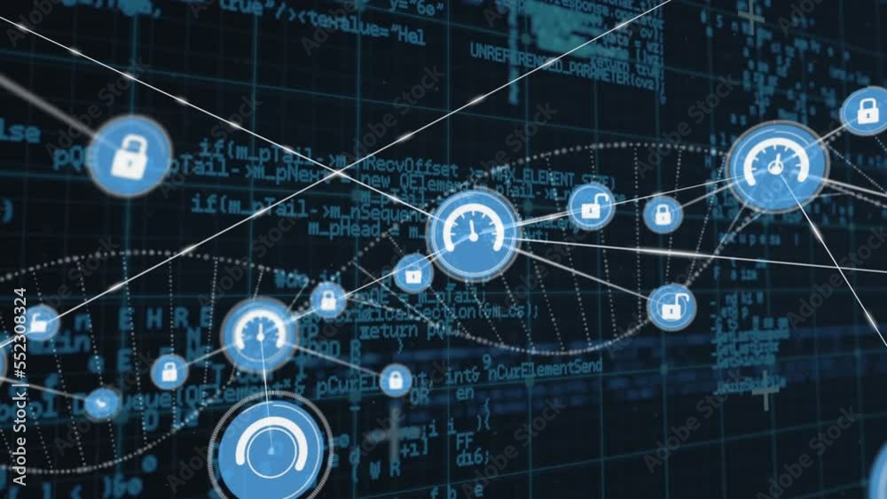 Poster animation of network of connections with icons and data processing over dna strand