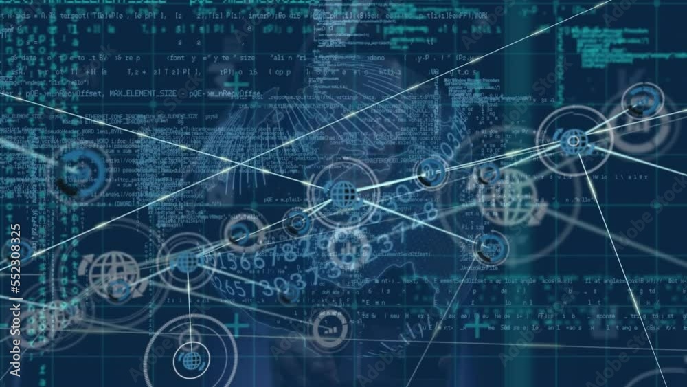 Poster animation of network of connections with icons and data processing