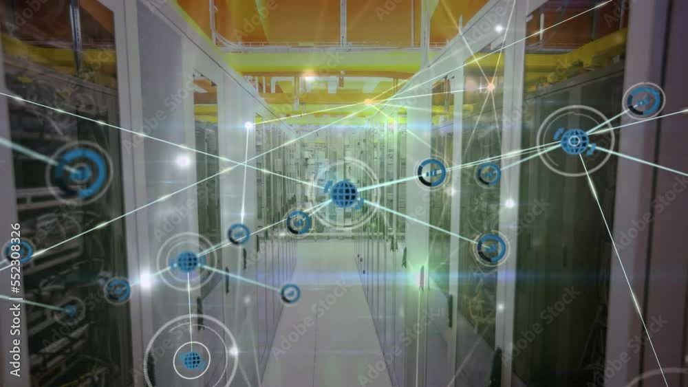 Poster animation of network of connections with icons and data processing over computer servers