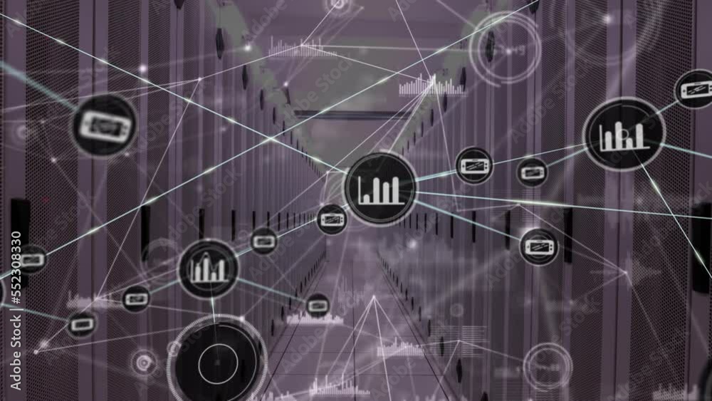 Poster animation of network of connections with icons and data processing over computer servers