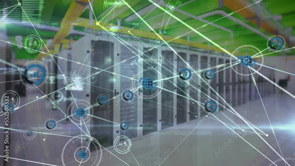 Poster animation of network of connections with icons and data processing over computer servers