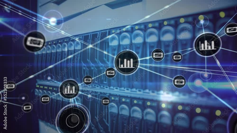 Poster animation of network of connections with icons and data processing over computer server