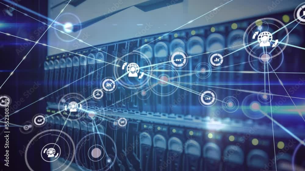 Poster animation of network of connections with icons and data processing over computer server