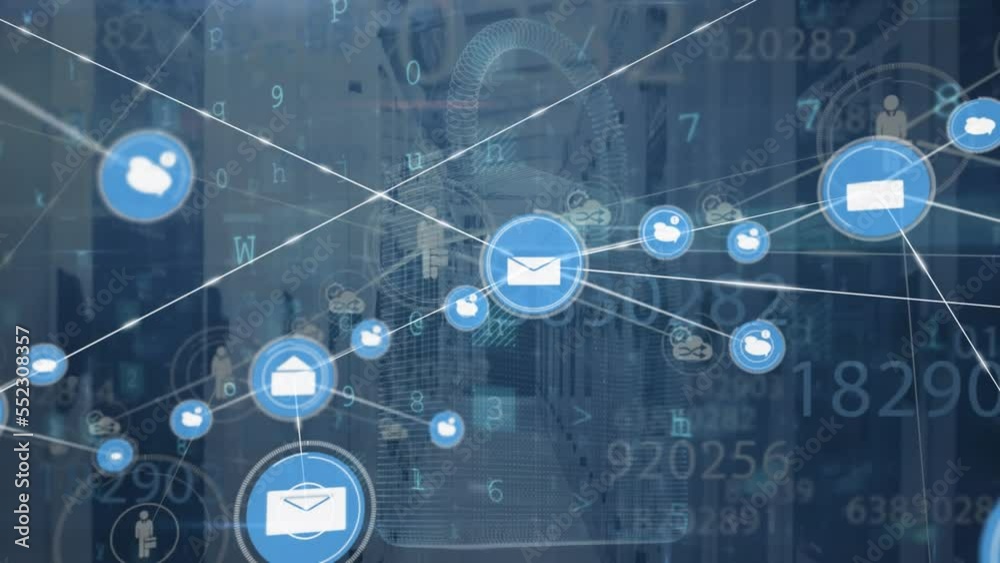 Poster animation of network of connections with icons and data processing over computer servers