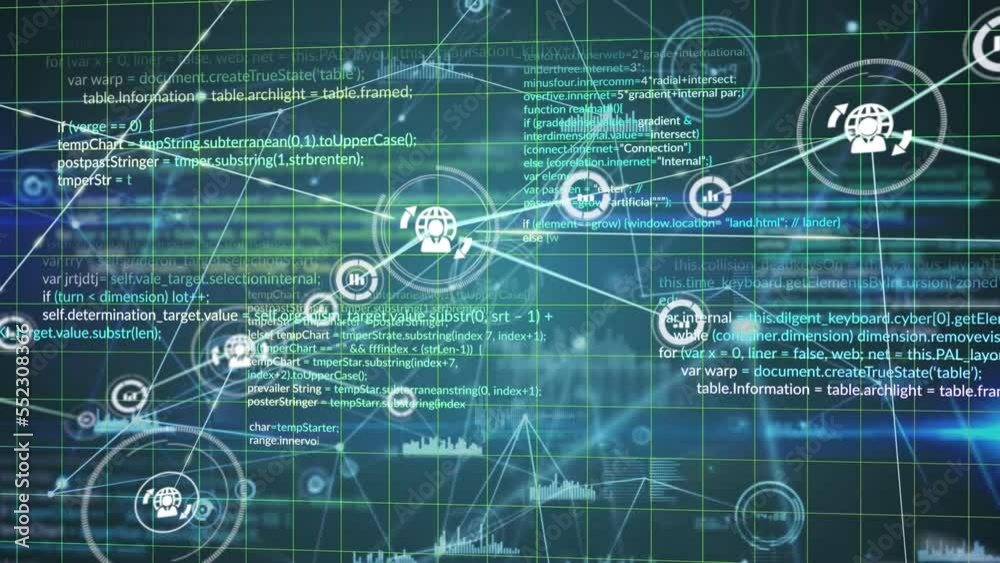 Poster Animation of network of connections with icons over grid