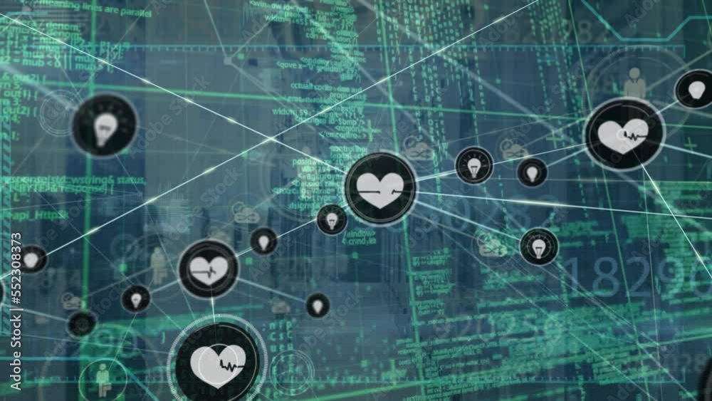 Poster animation of network of connections with icons over computer servers