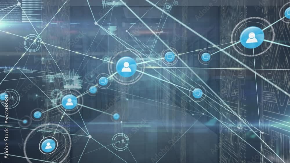 Poster animation of network of connections with icons over computer servers