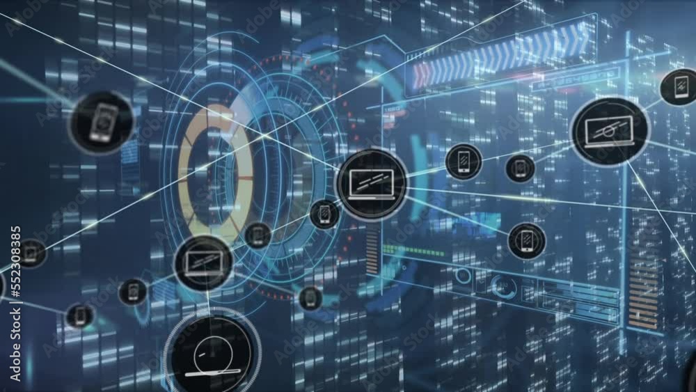 Poster animation of network of connections with icons over computer servers