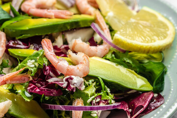 salad with fresh Avocado, Shrimps lettuce green mix and olive oil, lemon dressing. healthy food, Delicious breakfast or snack, Clean eating, dieting, vegan food concept. top view