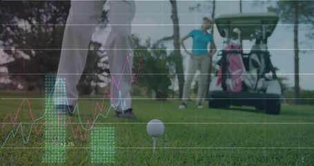 Animation of data processing over male golf player on golf course - Powered by Adobe