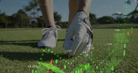 Animation of data processing over female golf player on golf course - Powered by Adobe