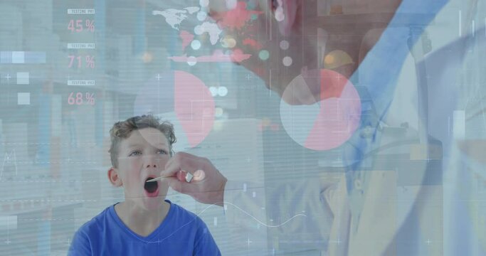 Animation of infographic interface, worker on forklift, cauacsian male doctor examining mouth of boy