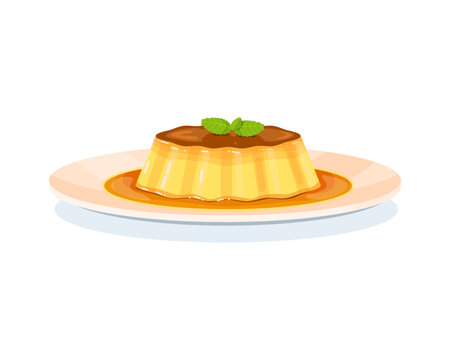 Dessert Flan Or Pudding With Caramel. Vector Illustration