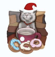 Funny cat with a mug of coffee and donuts. Santa cat. Christmas and New Year