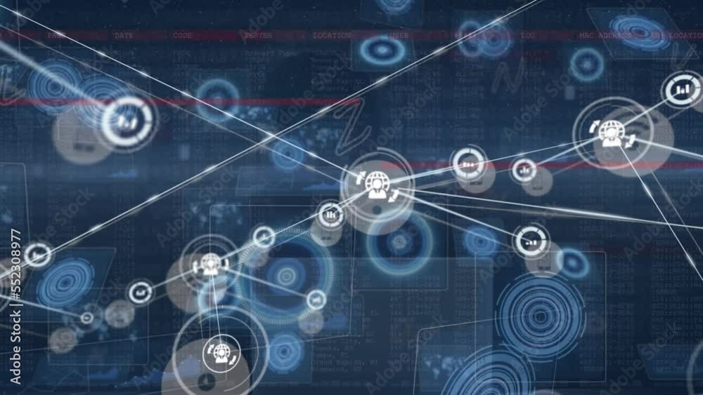 Poster animation of network of connections with icons over computer servers