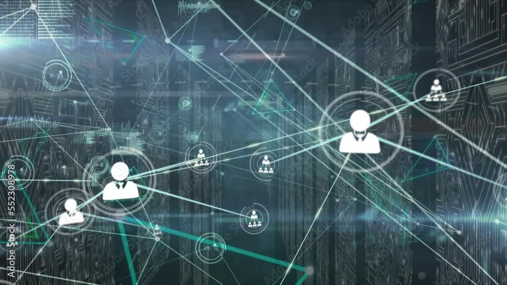 Poster animation of network of connections with icons over computer servers
