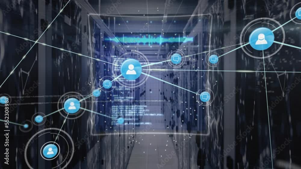 Poster animation of network of connections with icons over computer servers