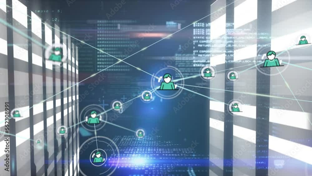 Poster animation of network of connections with icons over computer servers