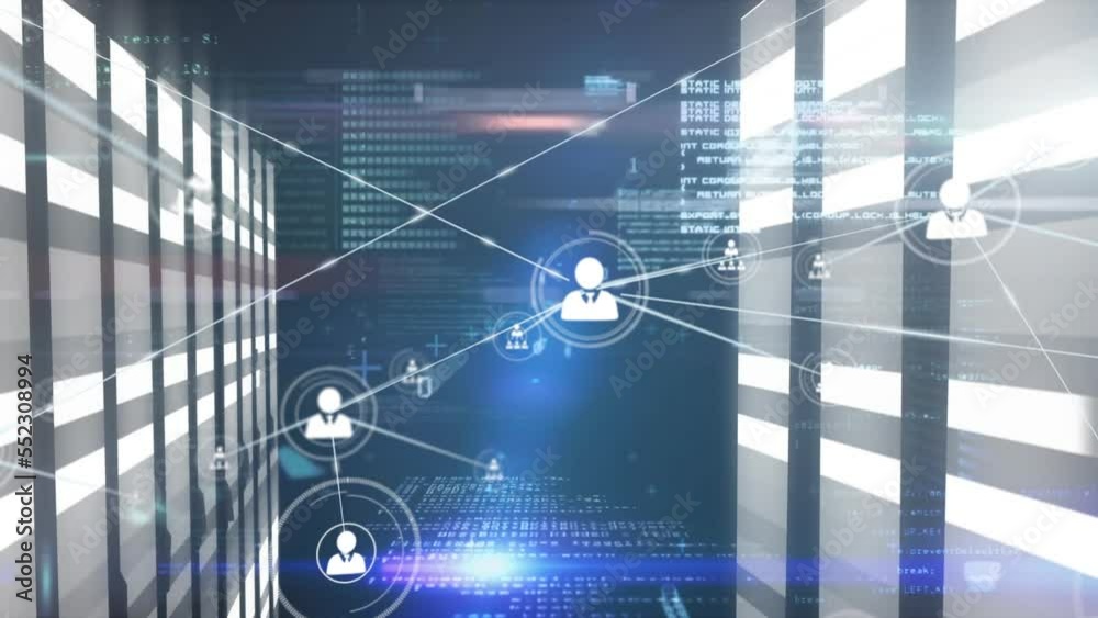 Poster animation of network of connections with icons over computer servers
