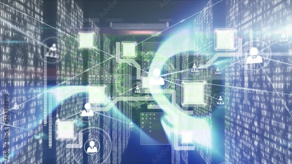 Poster animation of network of connections with icons over computer servers