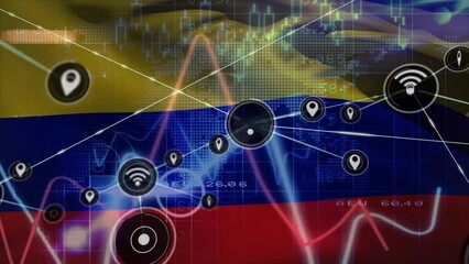 Animation of network of connections with icons over flag of colombia - Powered by Adobe