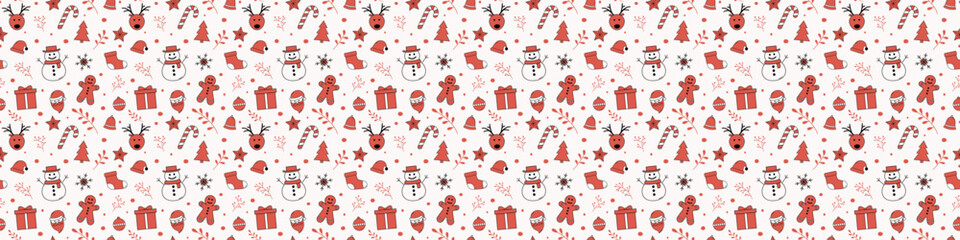 Christmas wallpaper with decorations. Xmas seamless pattern. Panoramic header. Vector
