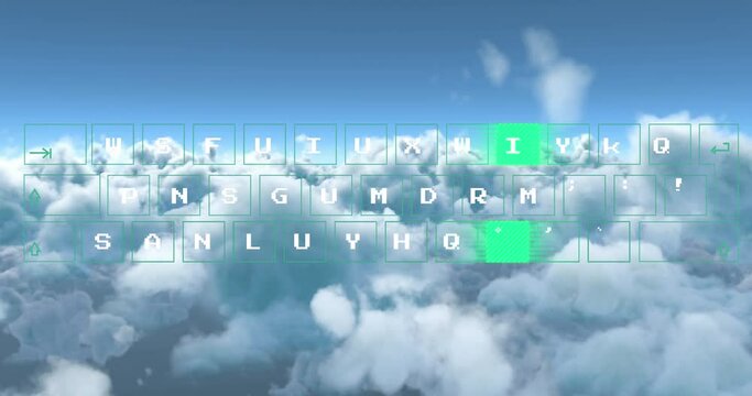 Animation of data processing on computer keyboard over clouds