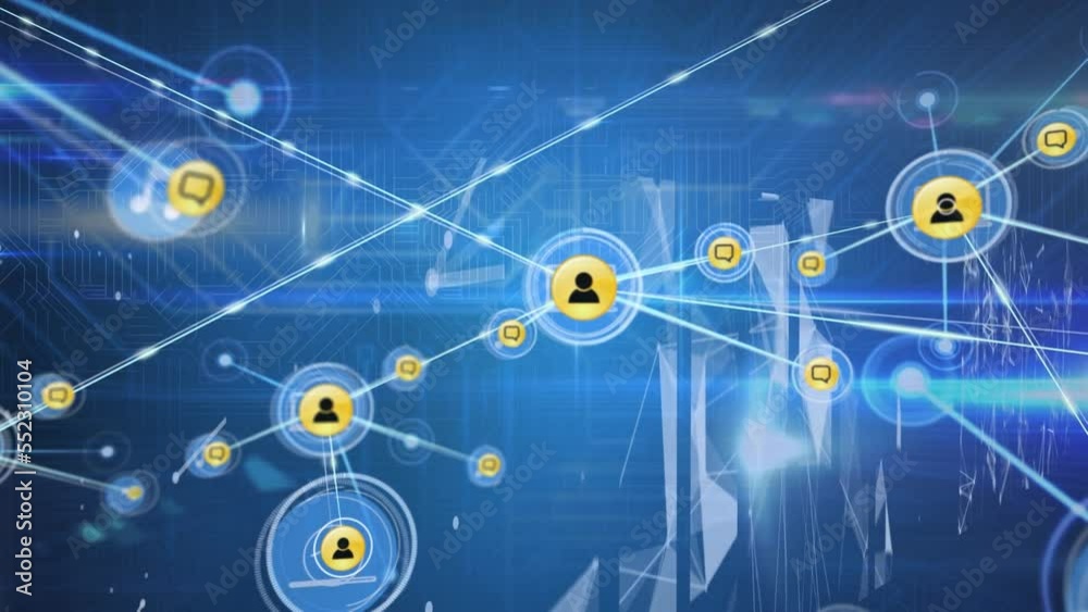 Poster animation of network of connections with icons and data processing over computer servers
