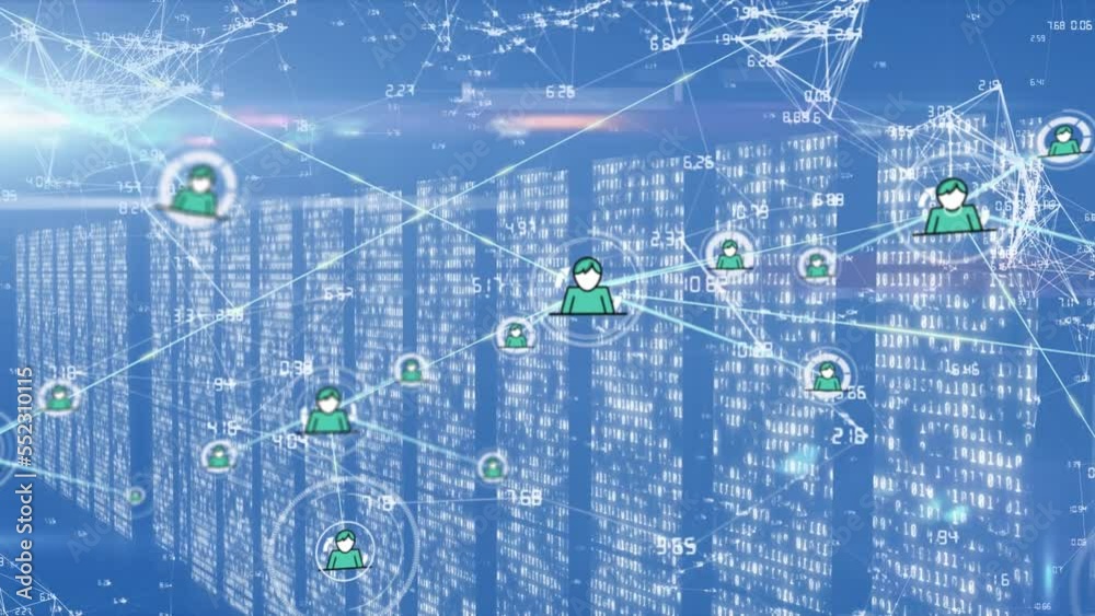 Poster animation of network of connections with icons and data processing over computer servers