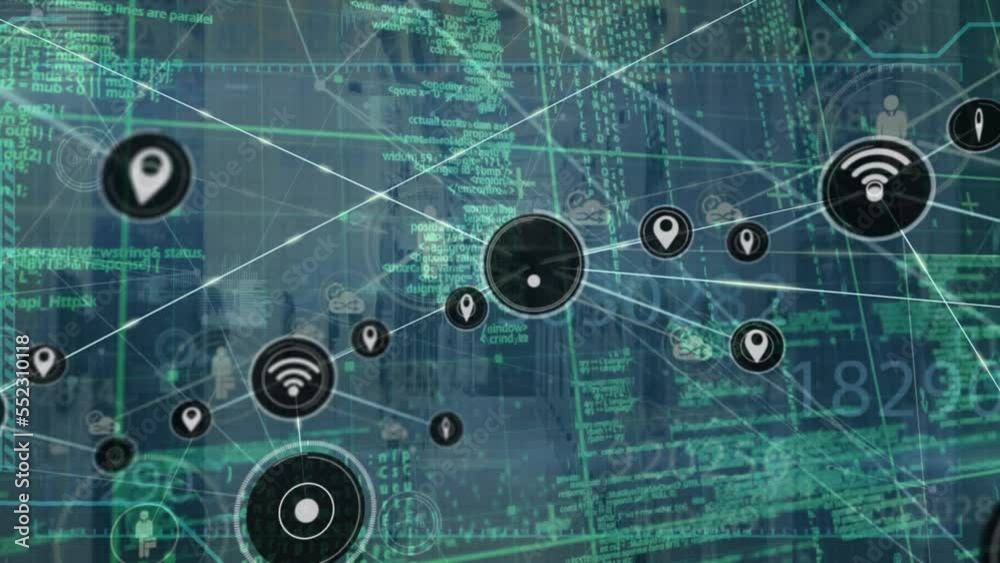 Poster animation of network of connections with icons and data processing over computer servers