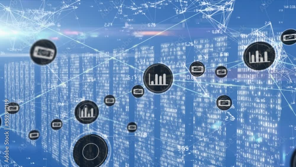 Poster animation of network of connections with icons and data processing over computer servers