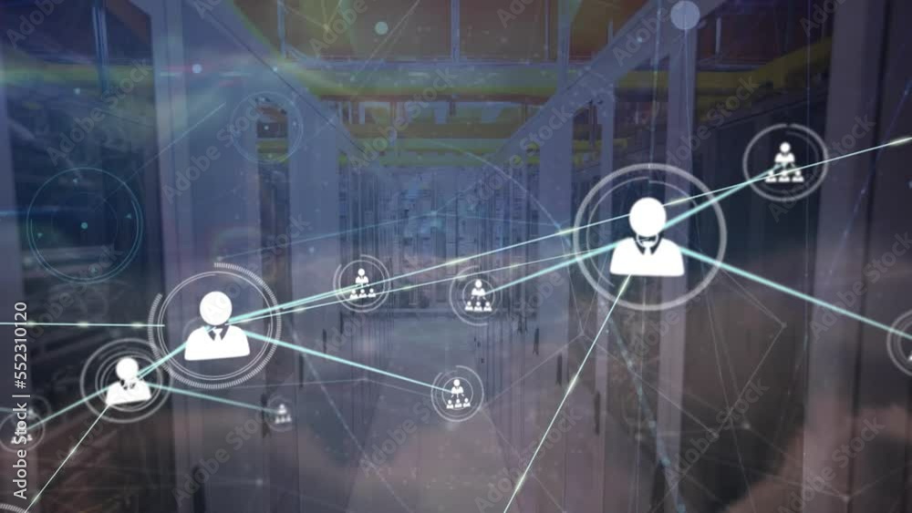 Poster animation of network of connections with icons and data processing over computer servers