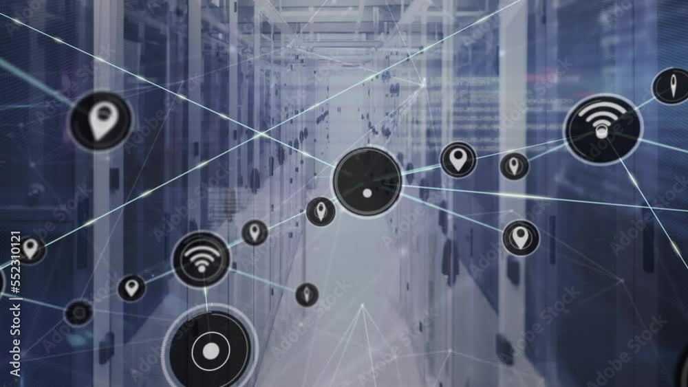 Poster animation of network of connections with icons and data processing over computer servers