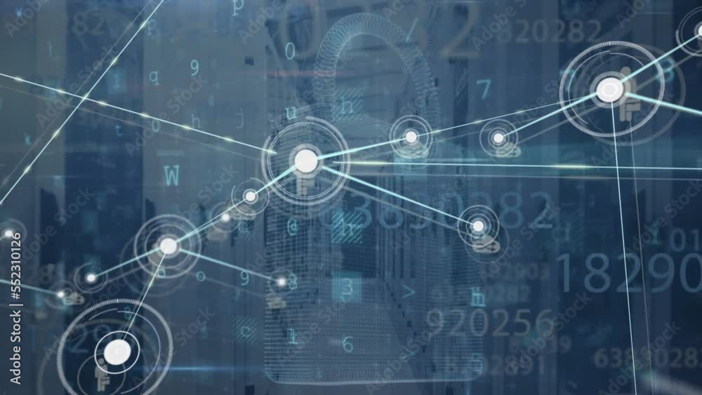 Poster Animation of network of connections with icons and data processing over computer servers