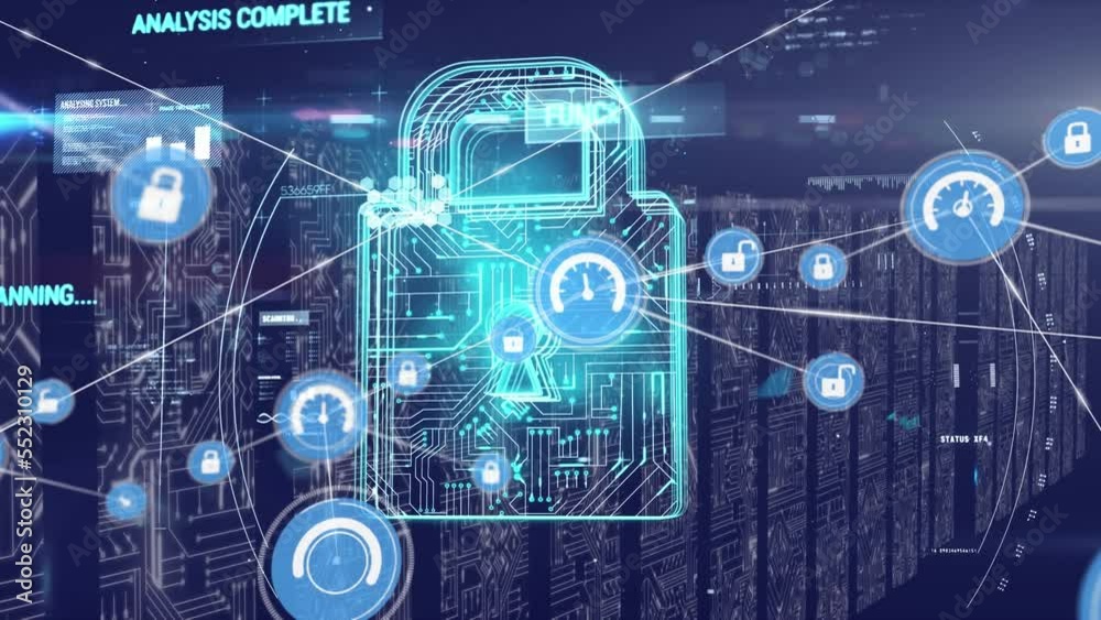 Poster animation of padlock, network of connections with icons and data processing over computer servers