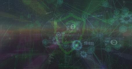 Image of connections, digital padlock, data over dark space