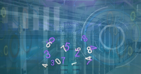 Image of numbers, data processing and sever room